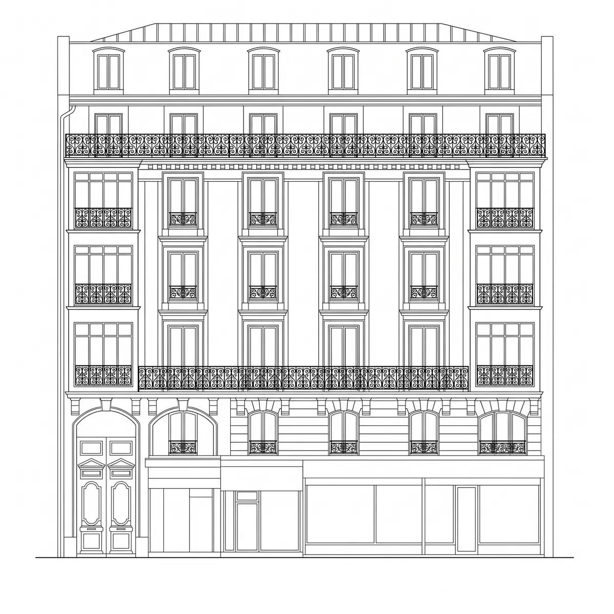 Dessin de façade au trait de ce même immeuble : balcons en fer forgé, fenêtres, commerces et porche au rez-de-chaussée