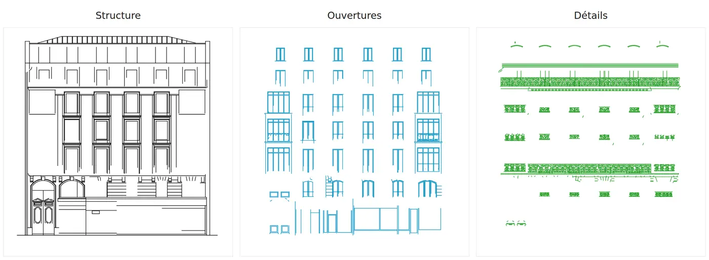 Les trois calques du DXF côte à côte : Structure, Ouvertures, Détails