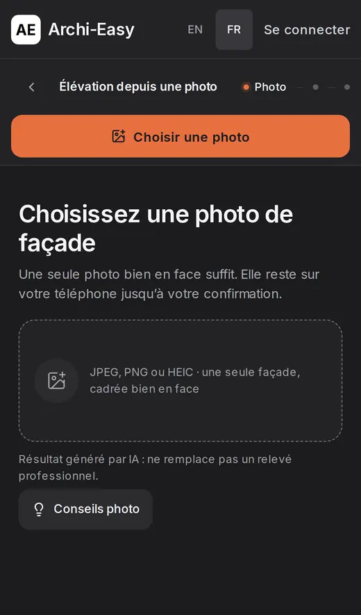 Étape d'envoi de la photo sur téléphone : « Choisissez une photo de façade »
