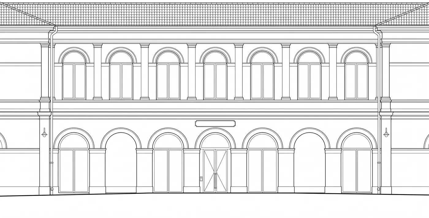 Élévation au trait générée par IA de cette façade : arcades, baies cintrées, corniche et toiture