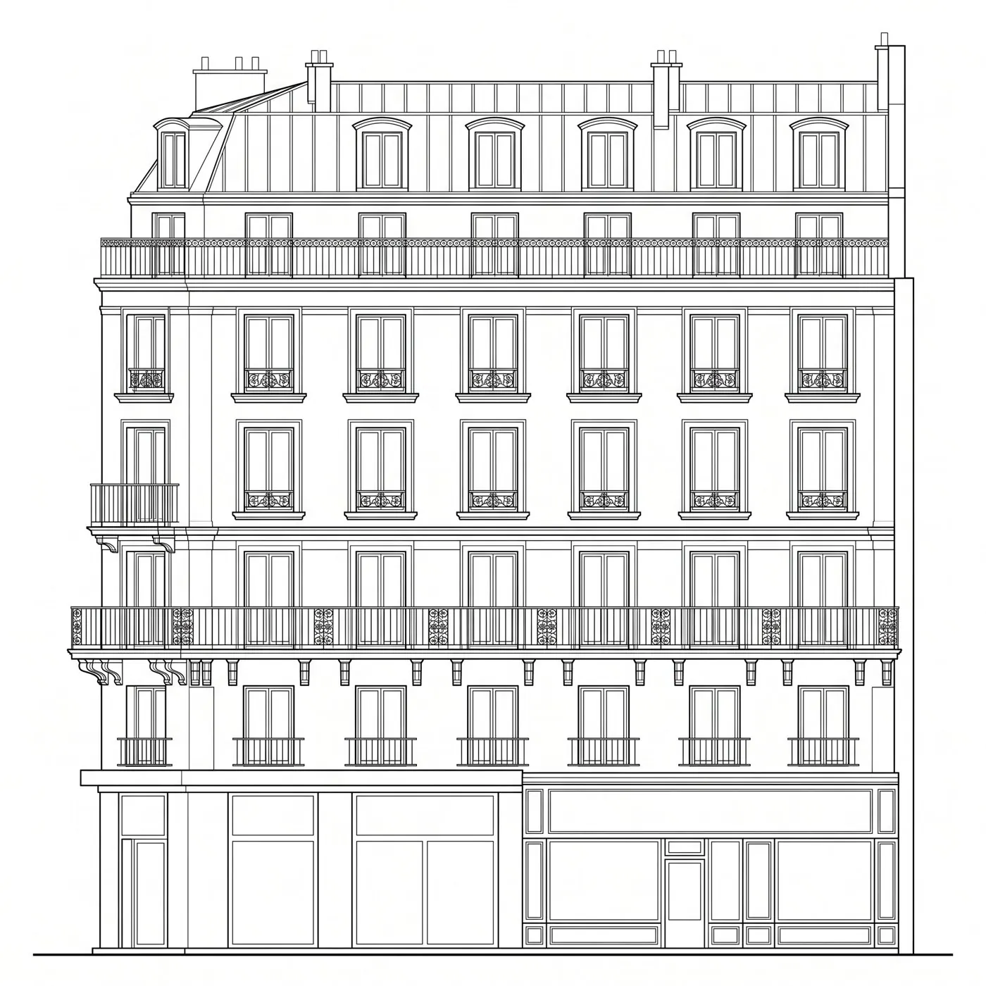 Élévation au trait générée par IA de cet immeuble d'angle : devanture, bandeau sans lettrage, étages et combles