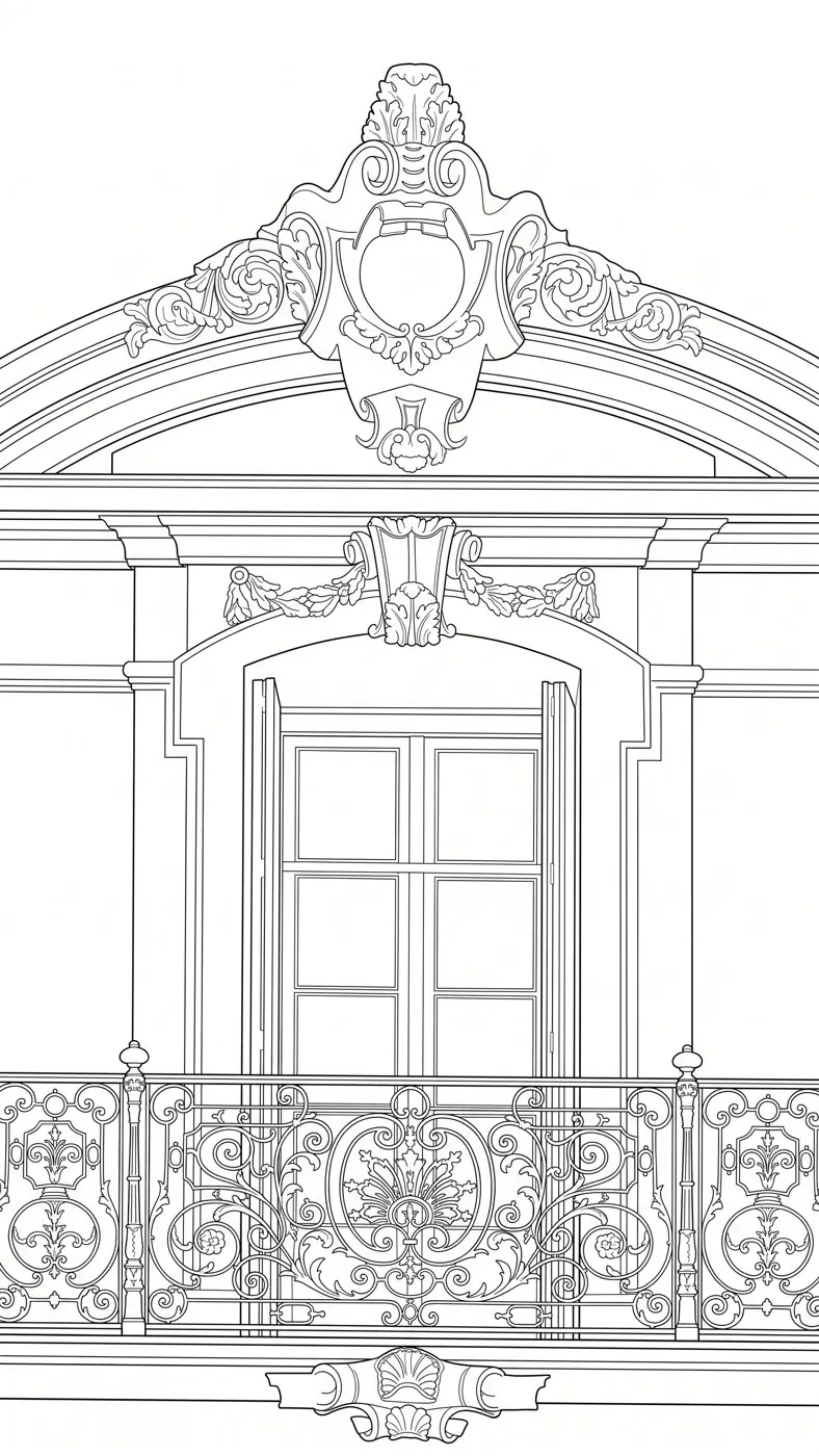 Dessin au trait généré par IA de cette travée : fronton et cartouche, encadrement de la fenêtre, motifs du garde-corps
