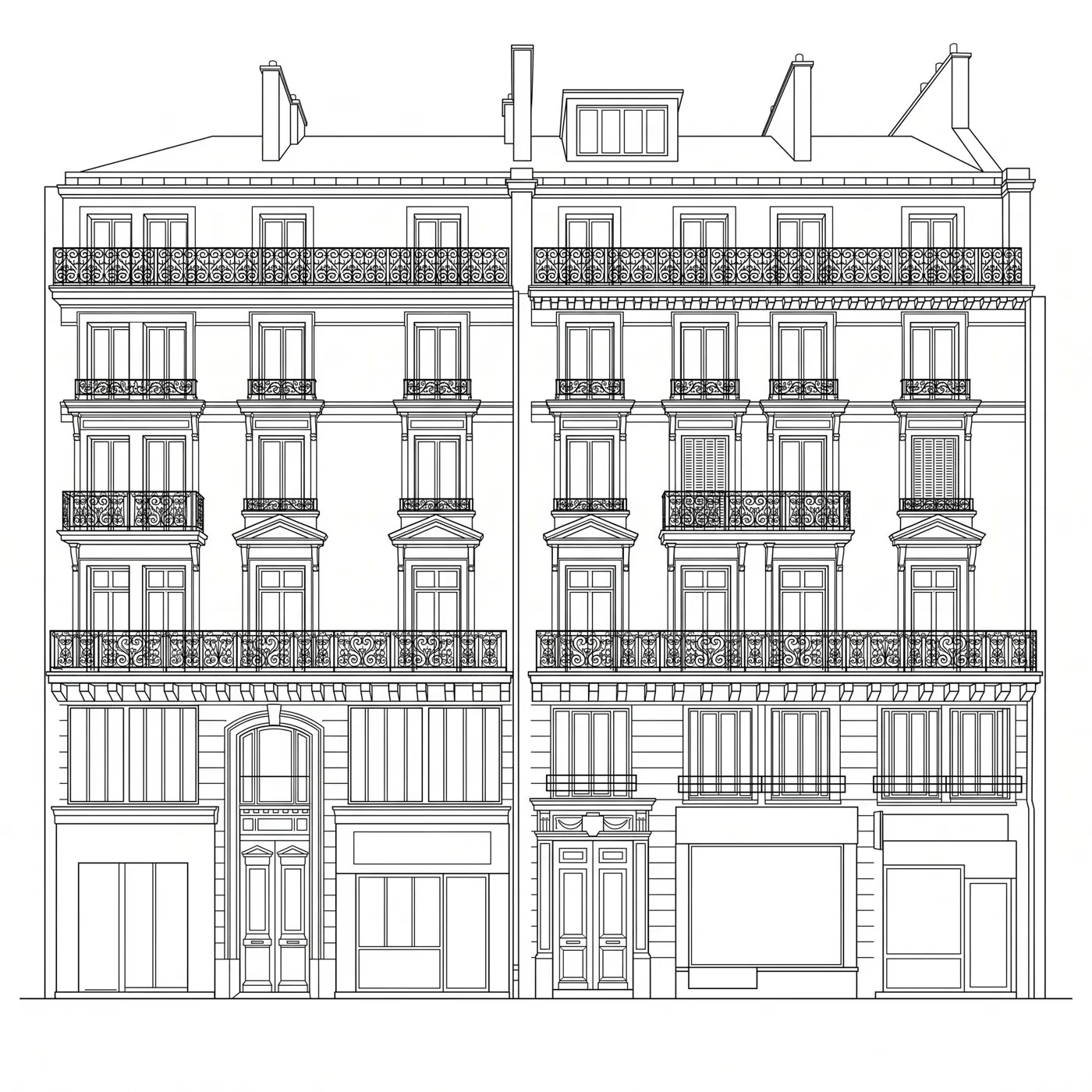 Élévation au trait générée par IA de cet immeuble : fenêtres, balcons en ferronnerie, boutiques au rez-de-chaussée